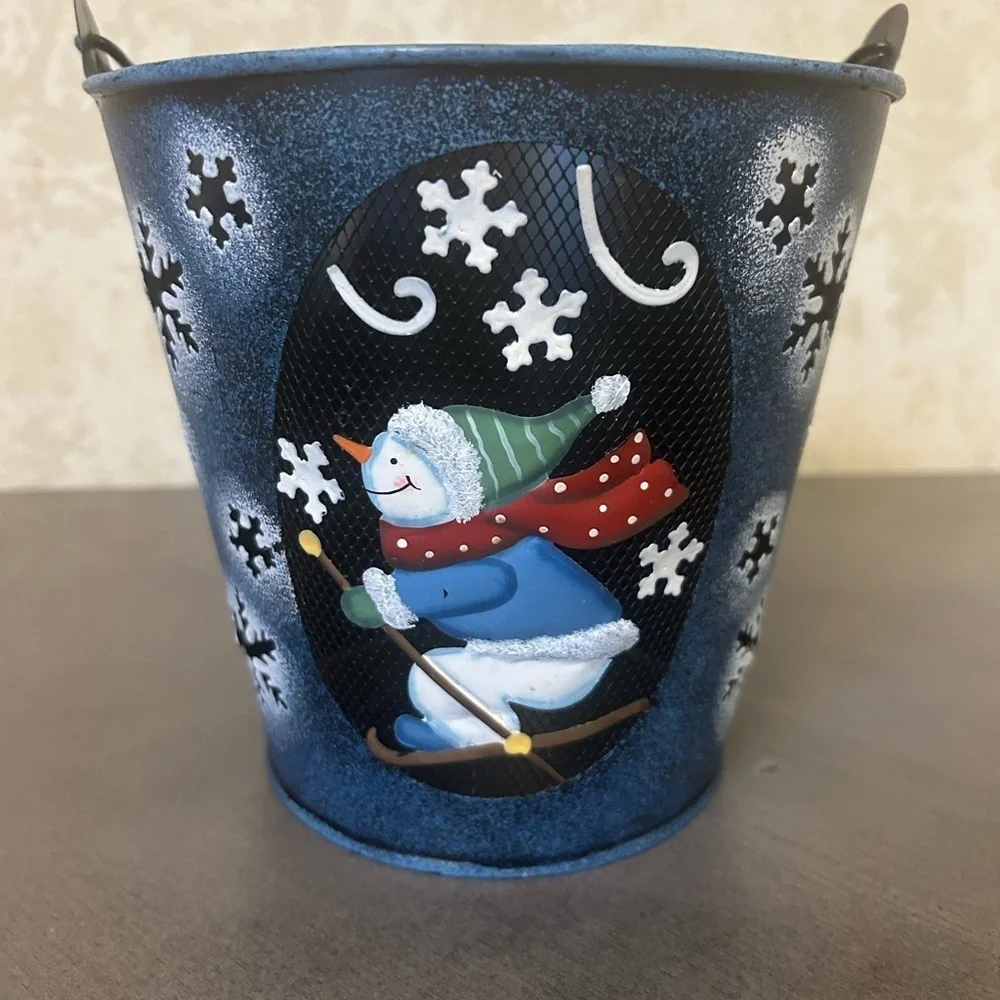 Hand Painted Small Tin Metal Handled Pail Snowman Let it Snow with Mesh.